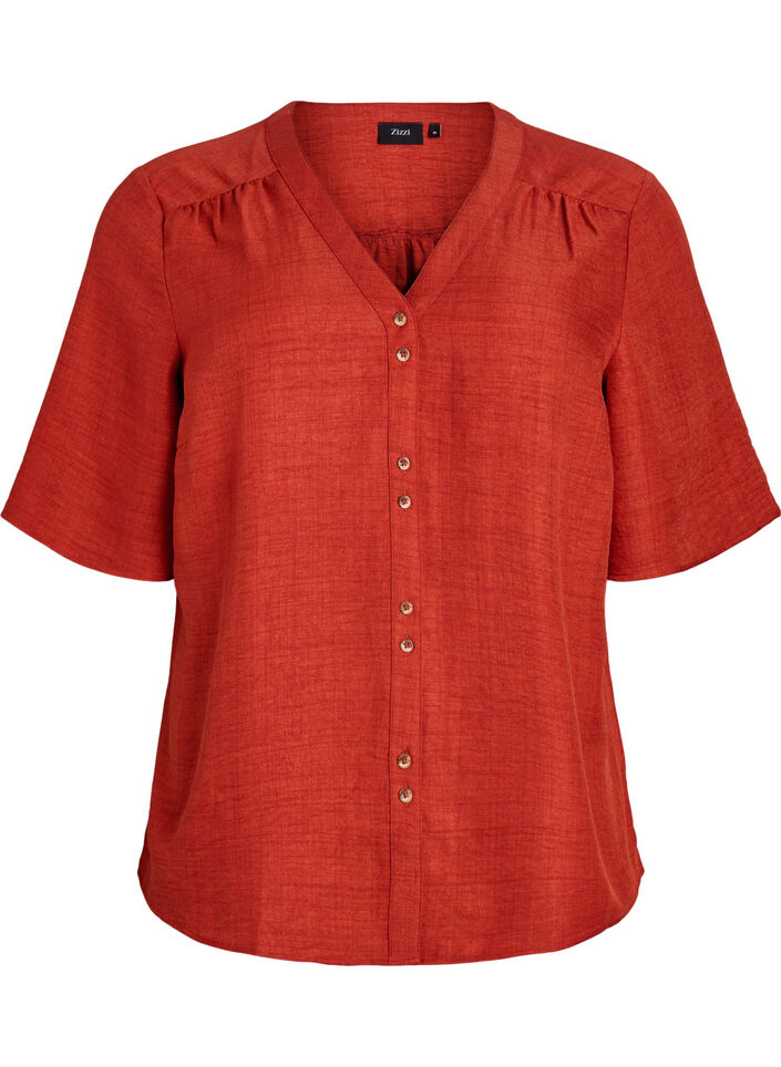 Skjortebluse med V-hals og korte ermer, R&oslash;d, Packshot image number 0