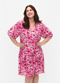Blomstrete kjole i viskose med A-form, Pink Flower Rain, Model