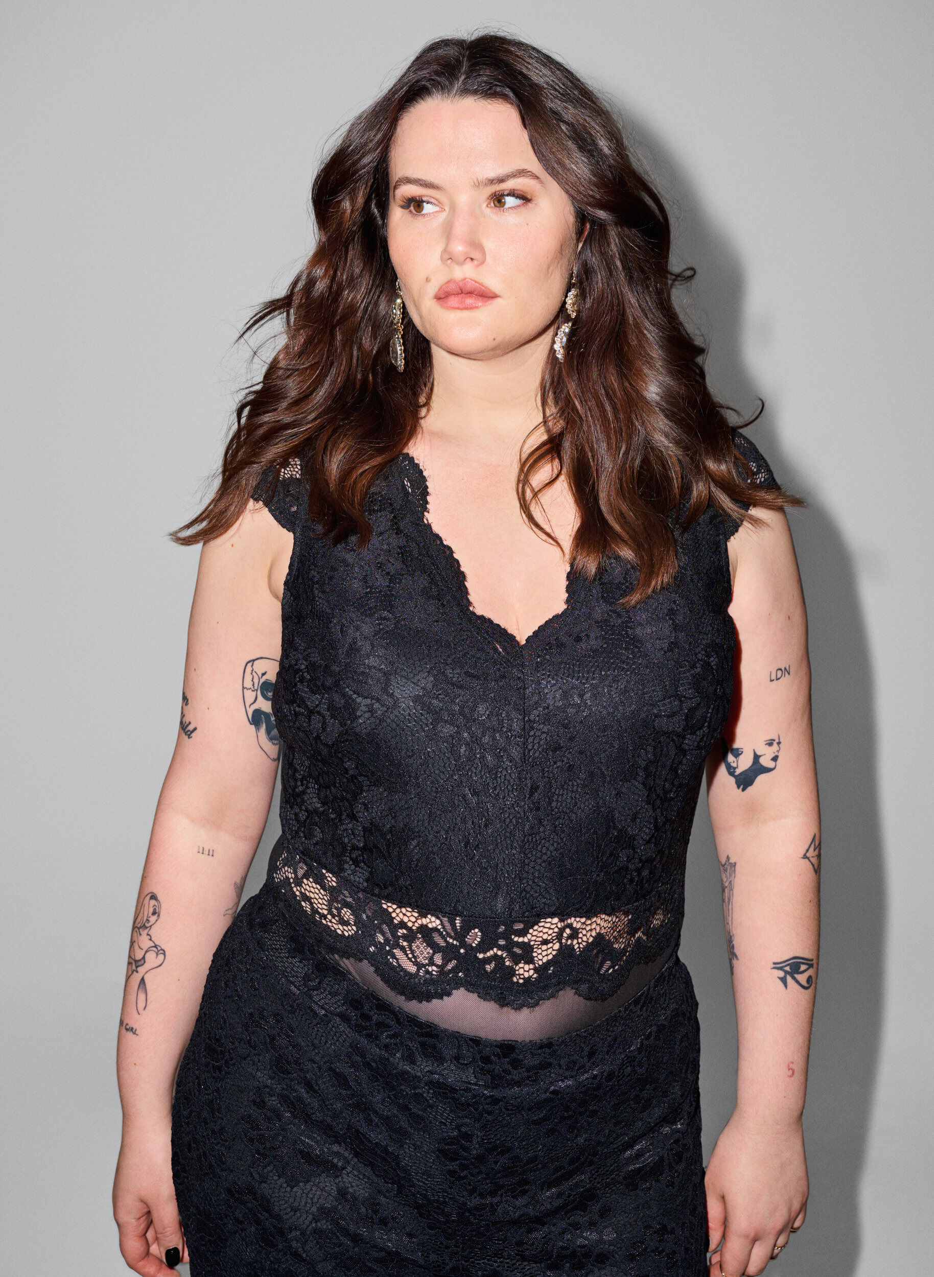 Zizzi Bodystocking med blondekant og mesh, Black, Image image number 0