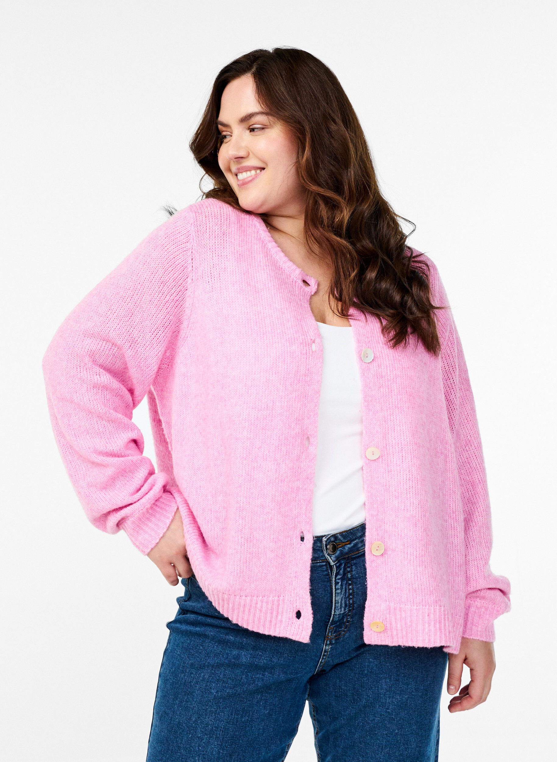 Zizzi Strikket cardigan med ull og knapper, Begonia Pink Mel., Model image number 0