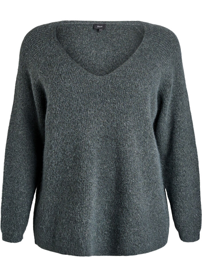 Strikkebluse med V-hals og raglanermer, Grønn, Packshot image number 0