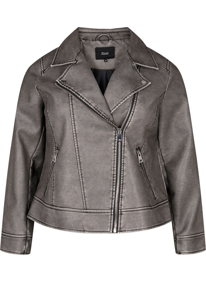 Jakke i kunstskinn med slitt look, Dark Grey Wash, Packshot image number 0