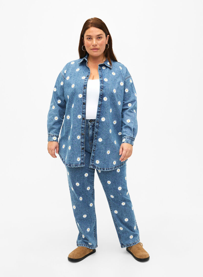 Løs denimskjorte med broderte tusenfryd, L.B. Flower, Model image number 2