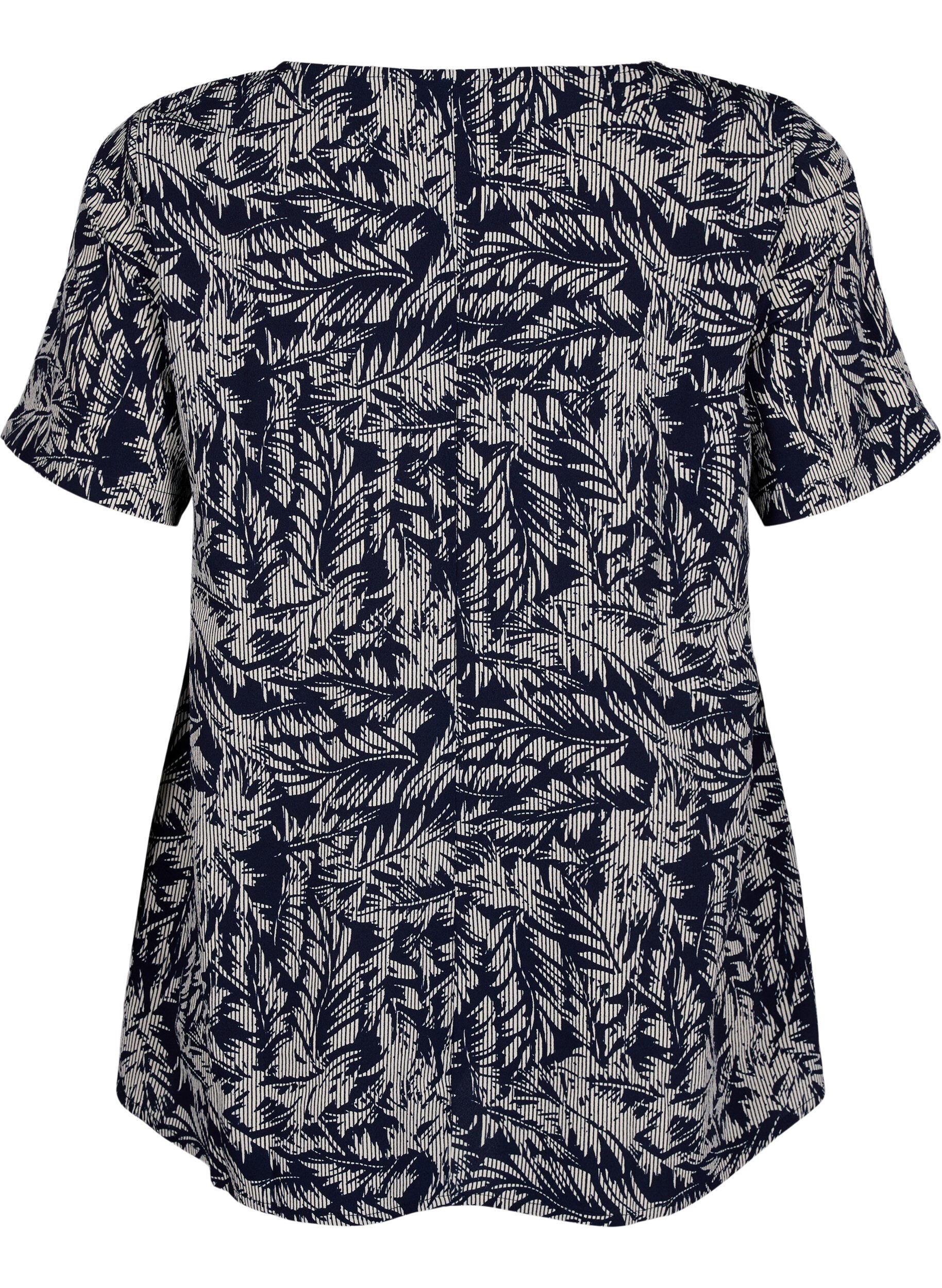 Zizzi FLASH - Bluse med korte ermer og trykk, Off White Blue Leaf, Packshot image number 1