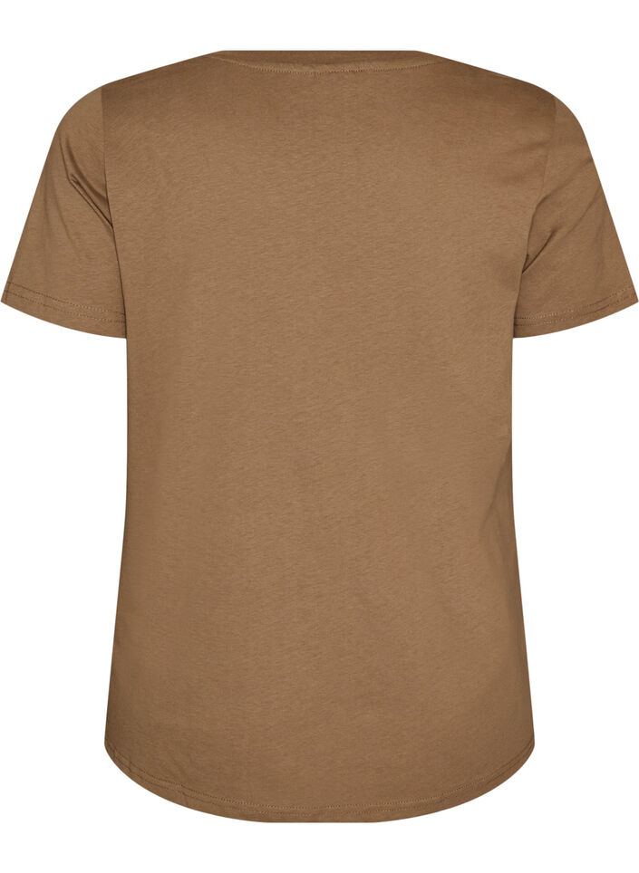 Bomull T-skjorte med fronttrykk og V-hals, Brun, Packshot image number 1