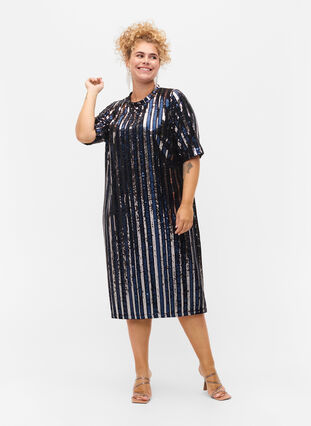 Kortermet paljettkjole med splitt, Evening Blue Stripe , Model image number 2
