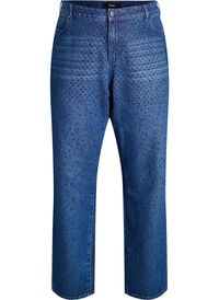 Straight fit jeans med rhinesteiner og høy midje, Blå Straight fit jeans med rhinesteiner og høy midje