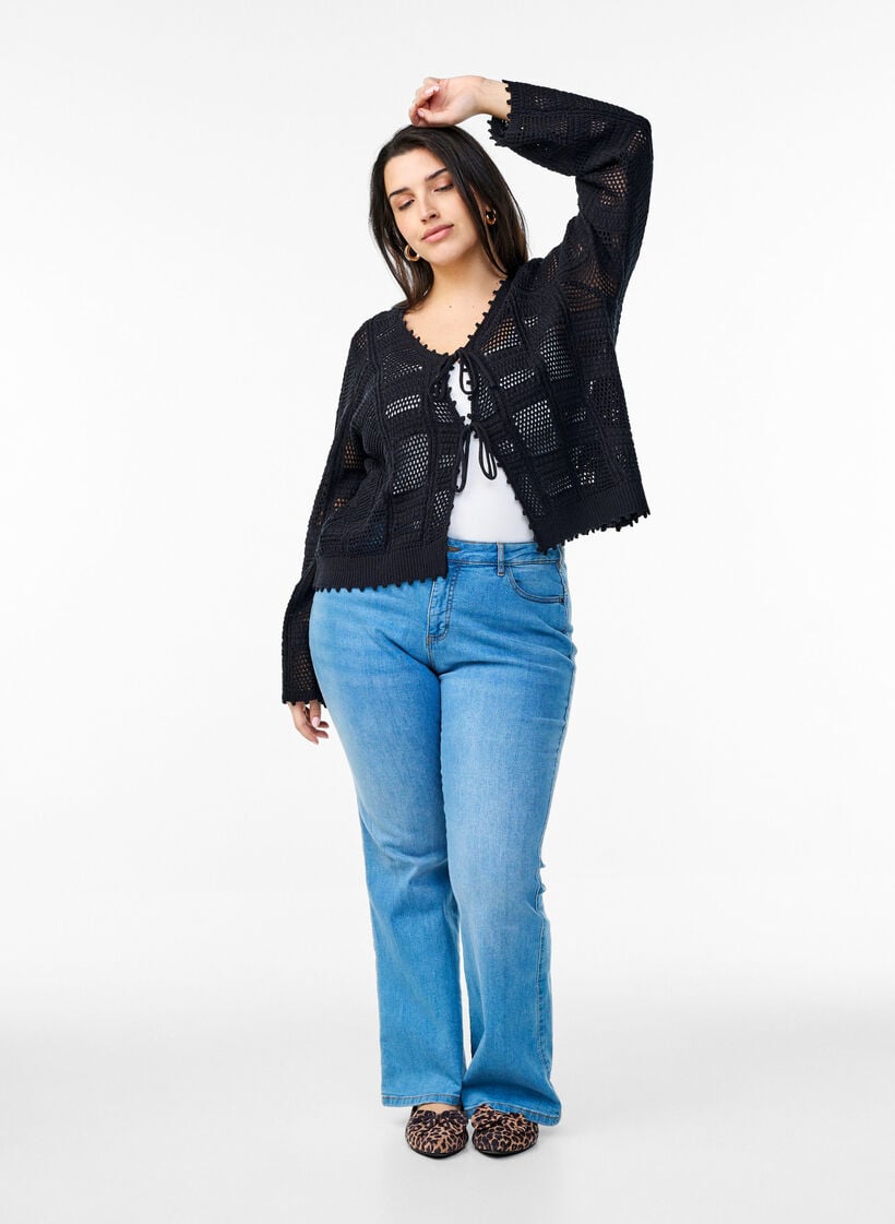 Strikket cardigan med knyteb&aring;nd og et &aring;pent m&oslash;nster, Svart, Model image number 1