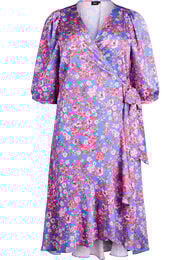 Blomstret omslagskjole med 3/4 ermer, Blue Pink Flower