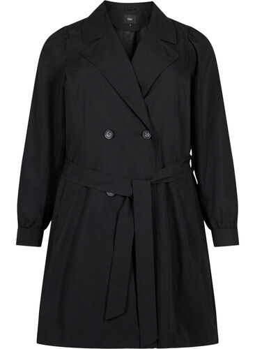Trenchcoat med belte og lommer, Black, Packshot image number 0