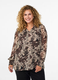 Bluse med blomstertrykk, Svart Bluse med blomstertrykk, Svart, Model