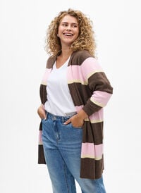 Lang strikkecardigan med brede striper, Brun Lang strikkecardigan med brede striper, Brun, Model