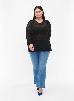 Langarmet bluse med blonder, Black, Model image number 2