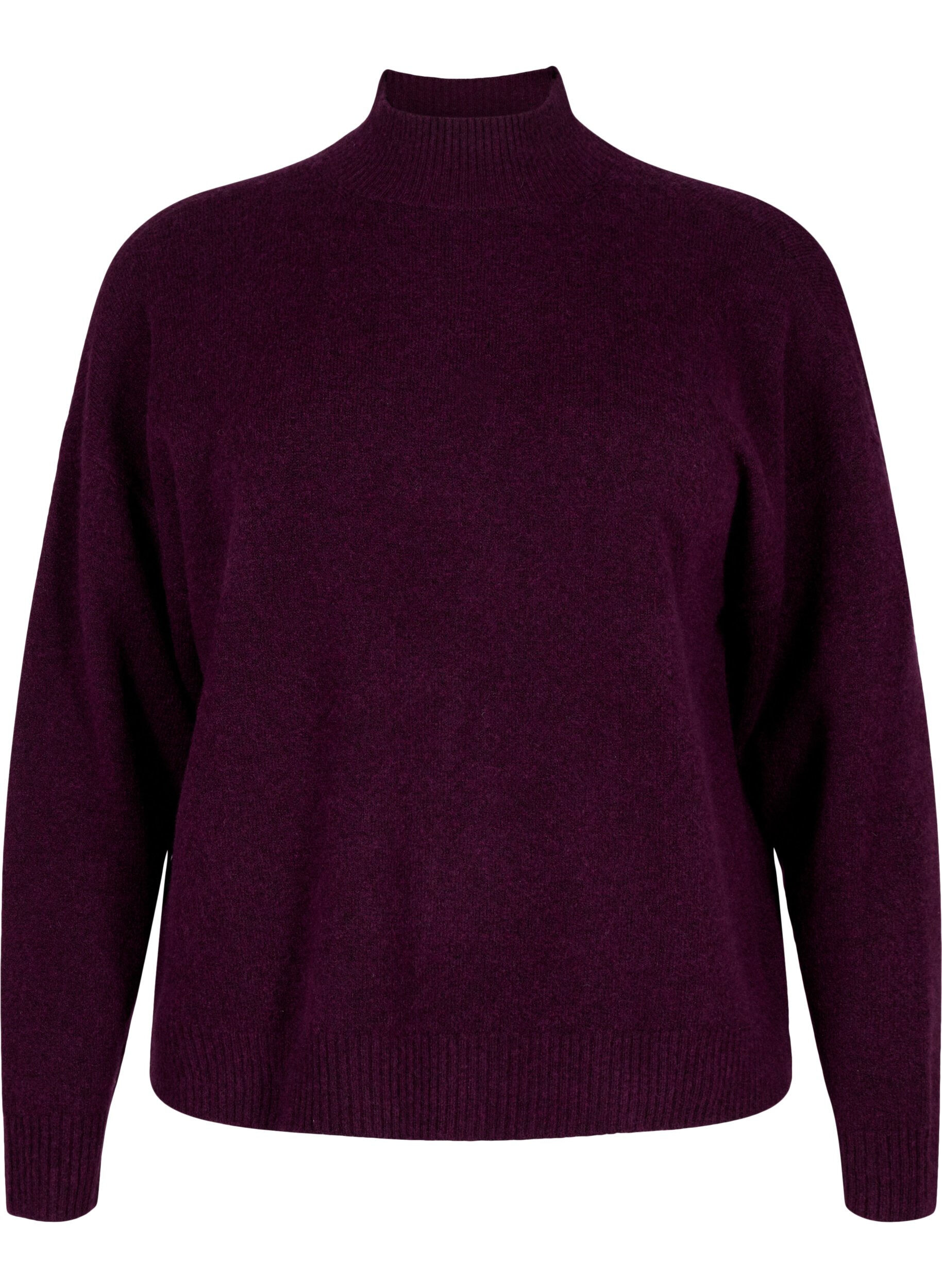 Zizzi Strikket ullbluse med h&oslash;y hals, Potent Purple Mel., Packshot image number 0