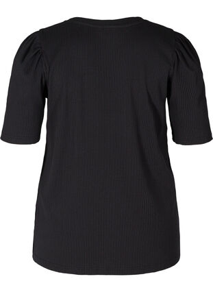 Ribbet T-skjorte med korte puffermer, Black, Packshot image number 1