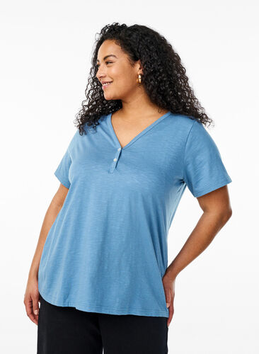 Zizzi FLASH - T-skjorte med knappdetalj, Blå, Model image number 0