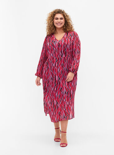 Langermet midi kjole med print , Fuchsia Pink AOP, Model image number 2