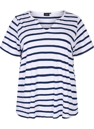 Stripete bomulls T-skjorte med V-hals, Bright White Stripe, Packshot image number 0
