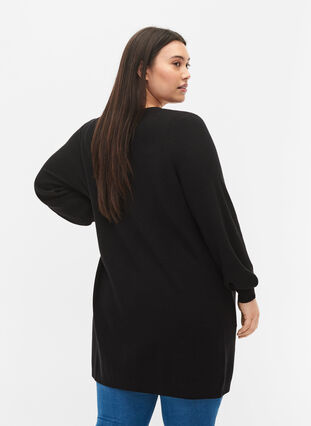 Lang strikket cardigan med ballongermer, Black, Model image number 1