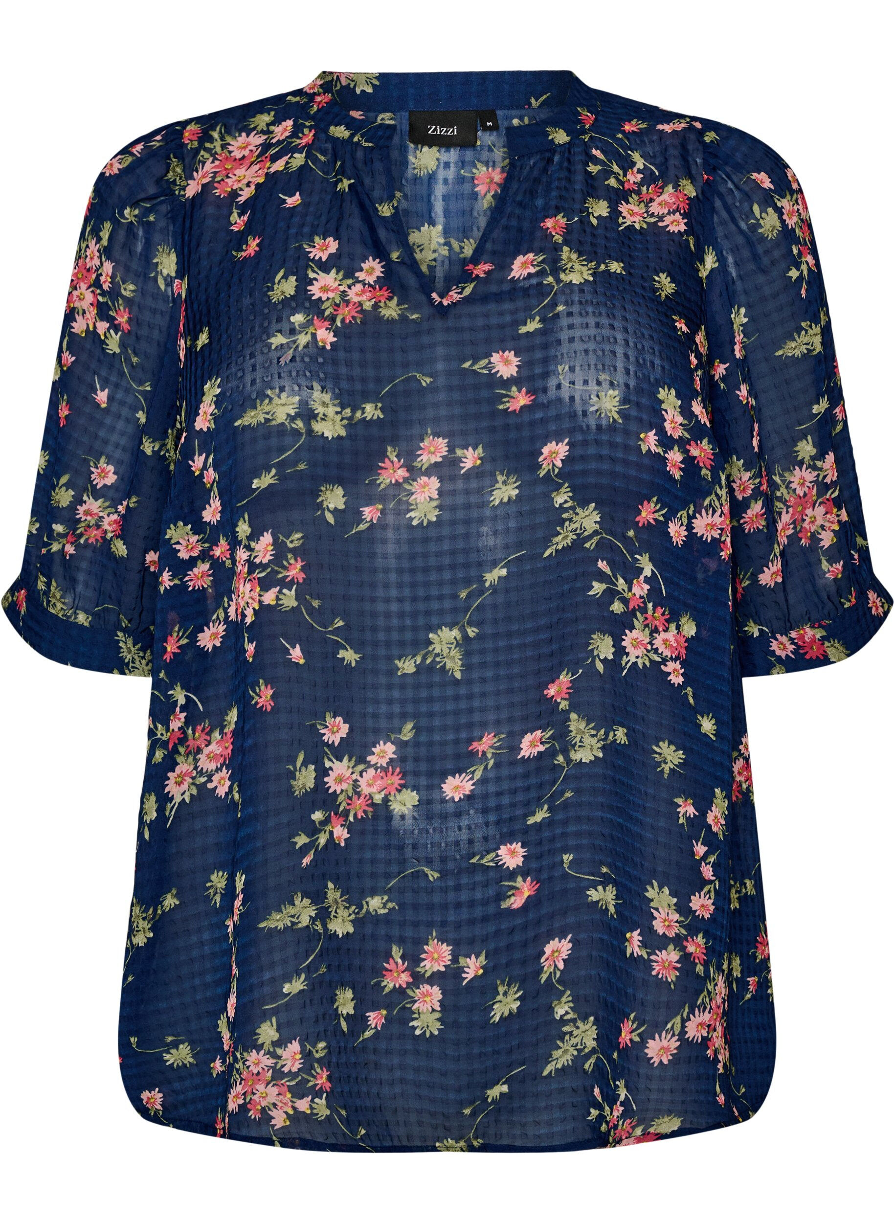 Bluse med blomstertrykk og V-hals