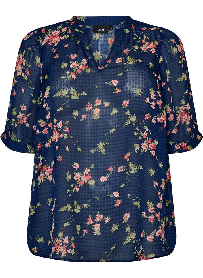 Bluse med blomstertrykk og V-hals, Bl&aring;, Packshot image number 0