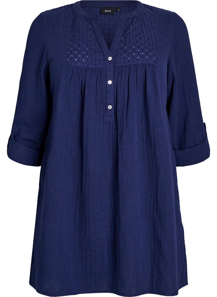 Bomulds muslin-tunika med broderie anglaise, Bl&aring;, Packshot image number 0
