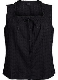 Ermeløs bluse med broderi anglaise og volanger, Black