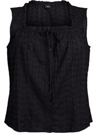 Ermeløs bluse med broderi anglaise og volanger, Svart Ermeløs bluse med broderi anglaise og volanger