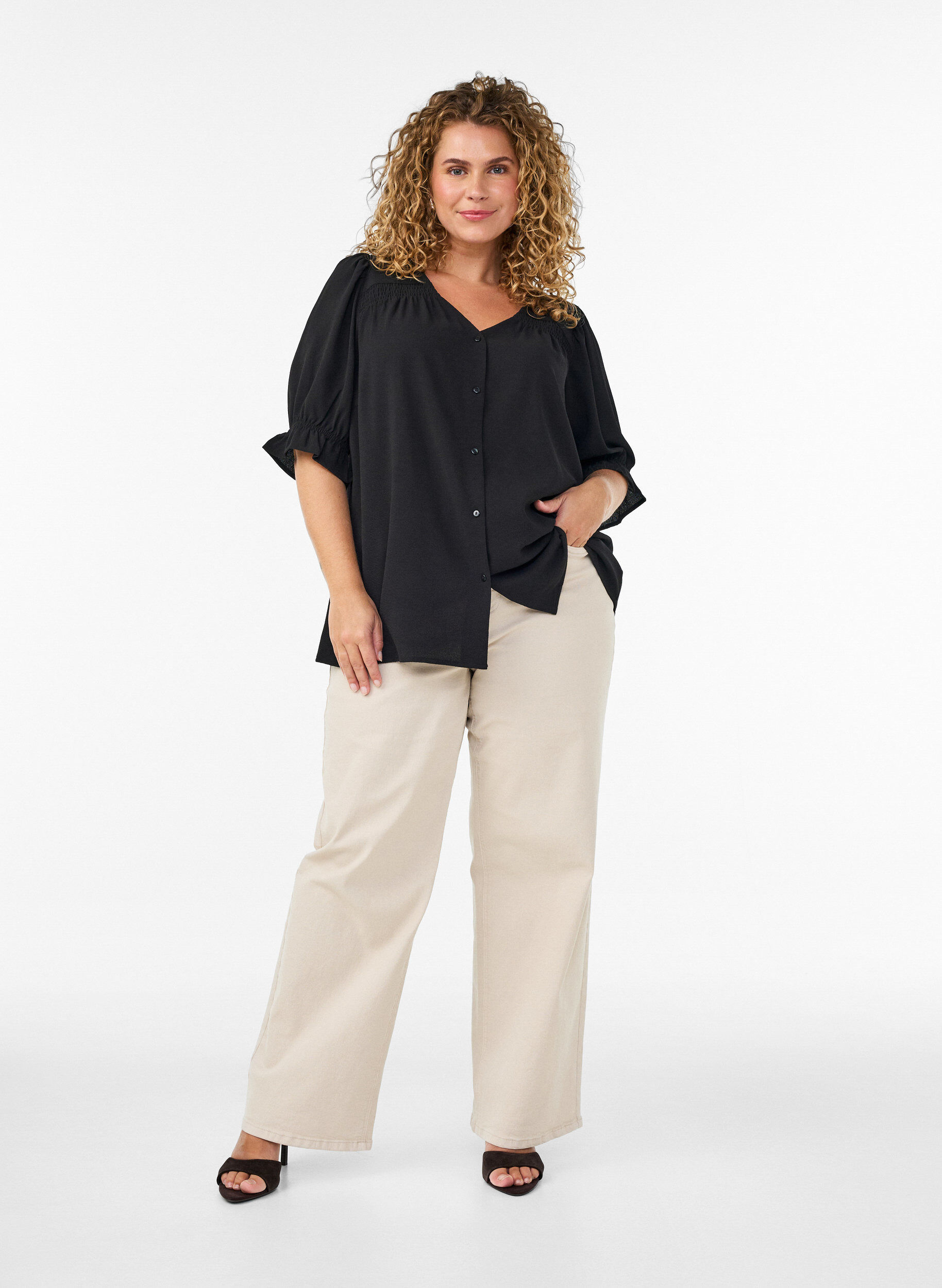 ZizziSkjortebluse med 1/2 ermer, Svart, Model image number 1