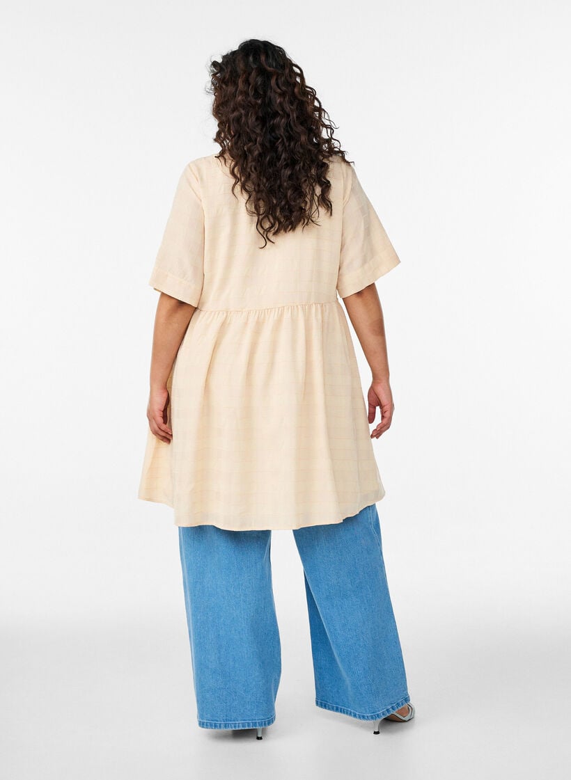 Kort skjortekjole med rutete tekstur og 1/2-ermer, Gul, Model image number 2