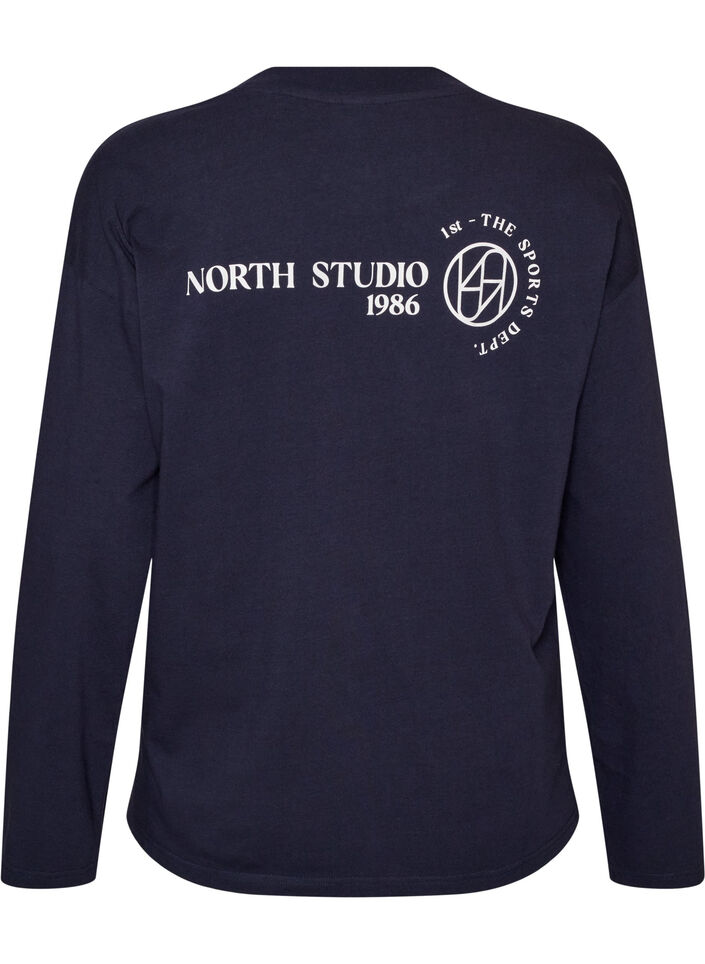 Langermet jerseybluse med teksttrykk, Bl&aring;, Packshot image number 1