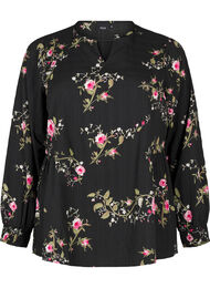 Langermet bluse med blomstertrykk, Svart