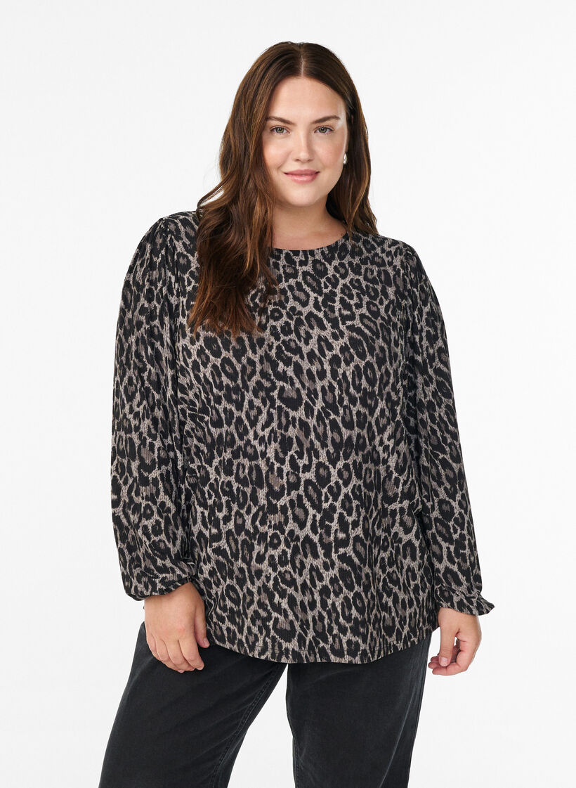 Bluse med lange ermer og leopardmønster, Grå, Model image number 0