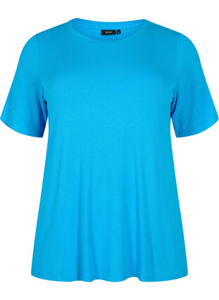 T-skjorte i viskose med ribbet struktur, Ibiza Blue, Packshot image number 0