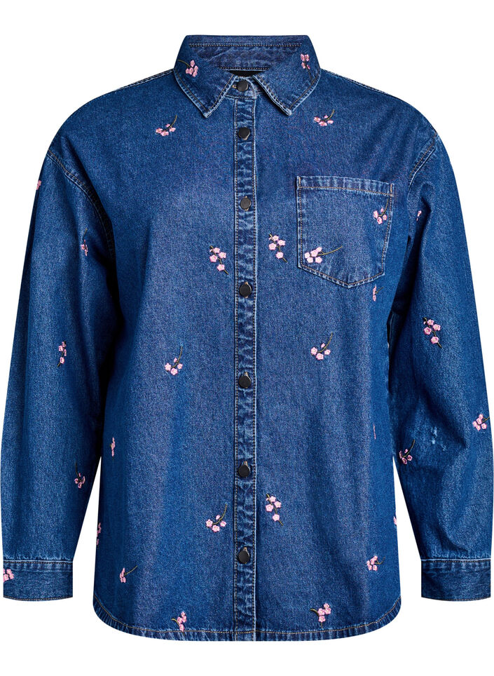Denimskjorte med broderte blomster, B. D. Pink Flower, Packshot