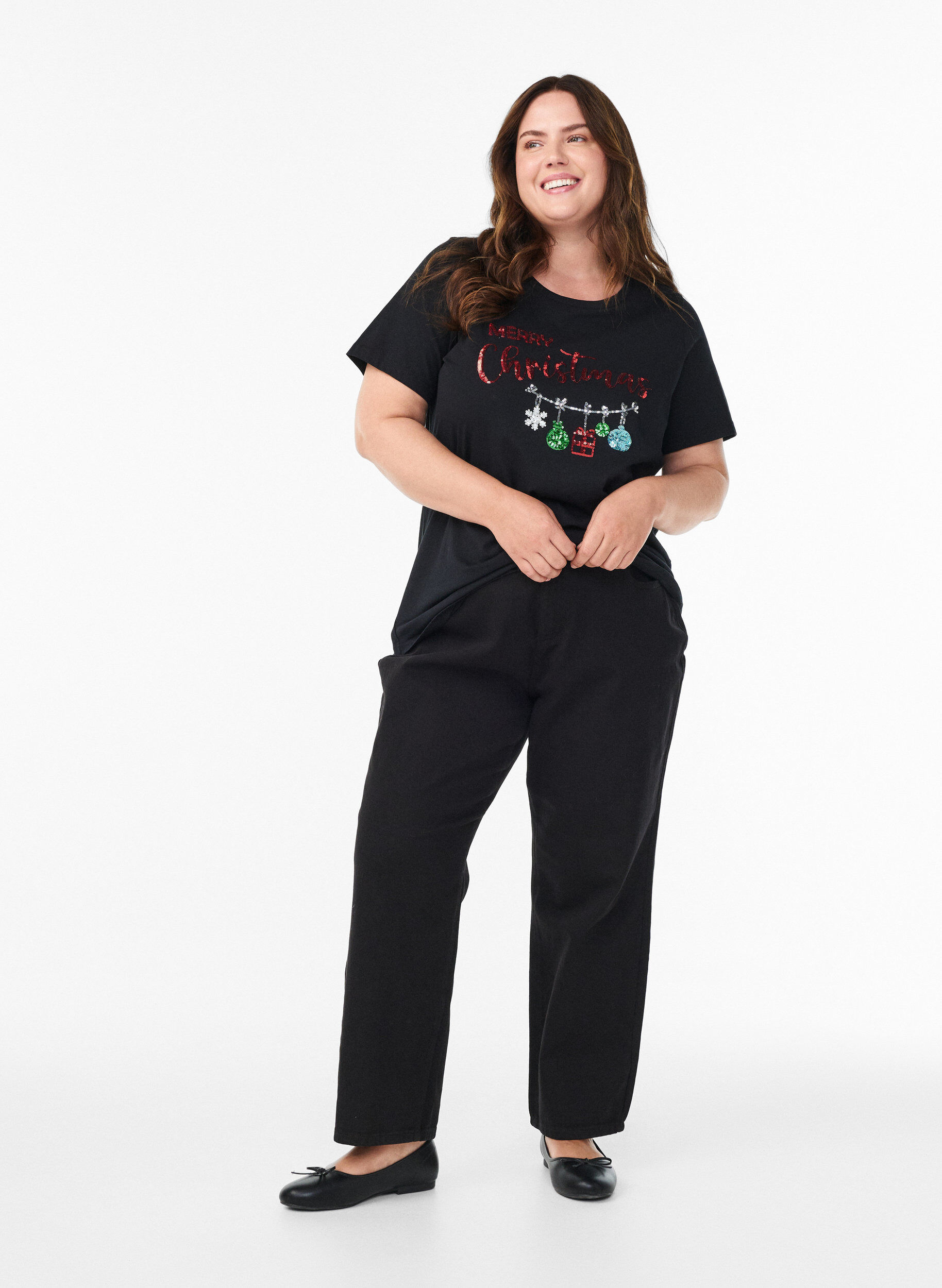 Zizzi Jule-T-skjorte i &oslash;kologisk bomull, Svart, Model image number 1