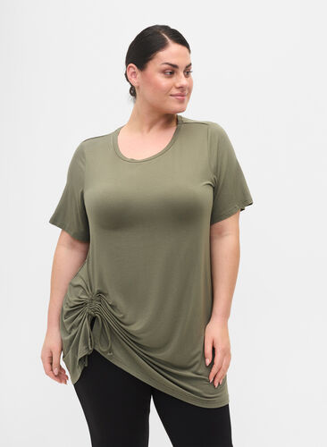 Kortermet viskosetunika med snøredetaljer, Dusty Olive, Model image number 0