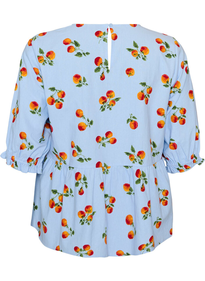 Bluse i bomull med tomattrykk og peplum, Bl&aring;, Packshot image number 1