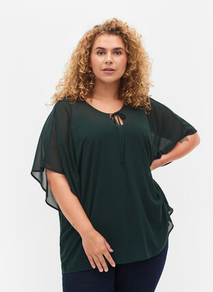 Mønstrete bluse med knyting og korte ermer, Scarab, Model image number 0