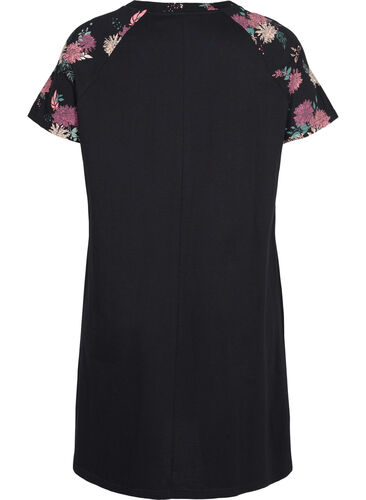 Kortermet nattkjole i bomull med mønster, Black AOP Flower, Packshot image number 1