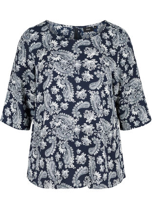 Mønstrete bluse med blonderygg og 3/4-ermer, Night Sky/Paisley, Packshot image number 0