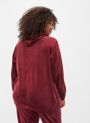 Velourcardigan med glidelås og hette, Cabernet, Model image number 1