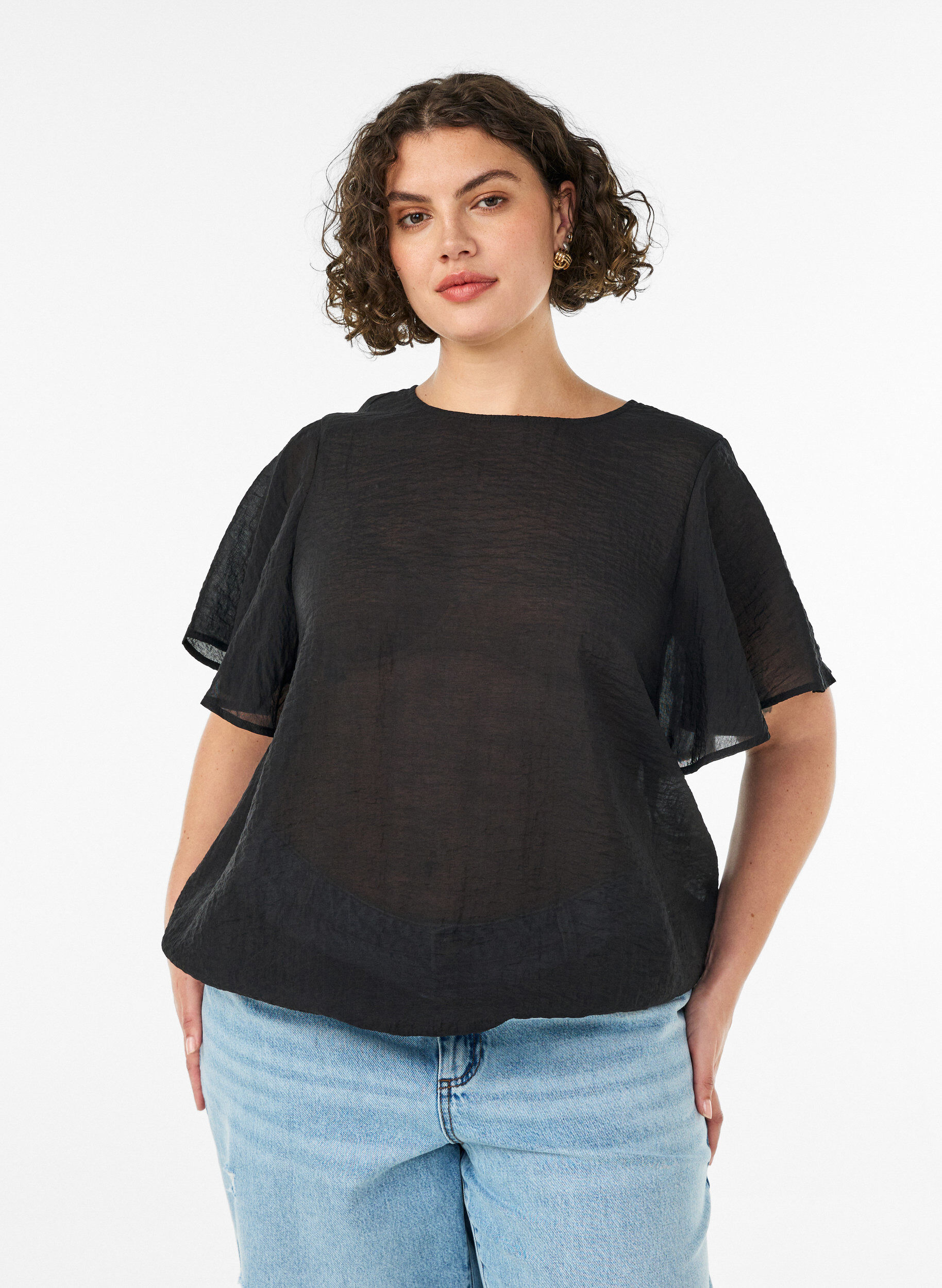 Bluse med ballongform og flaggermus ermer, Svart, Model
