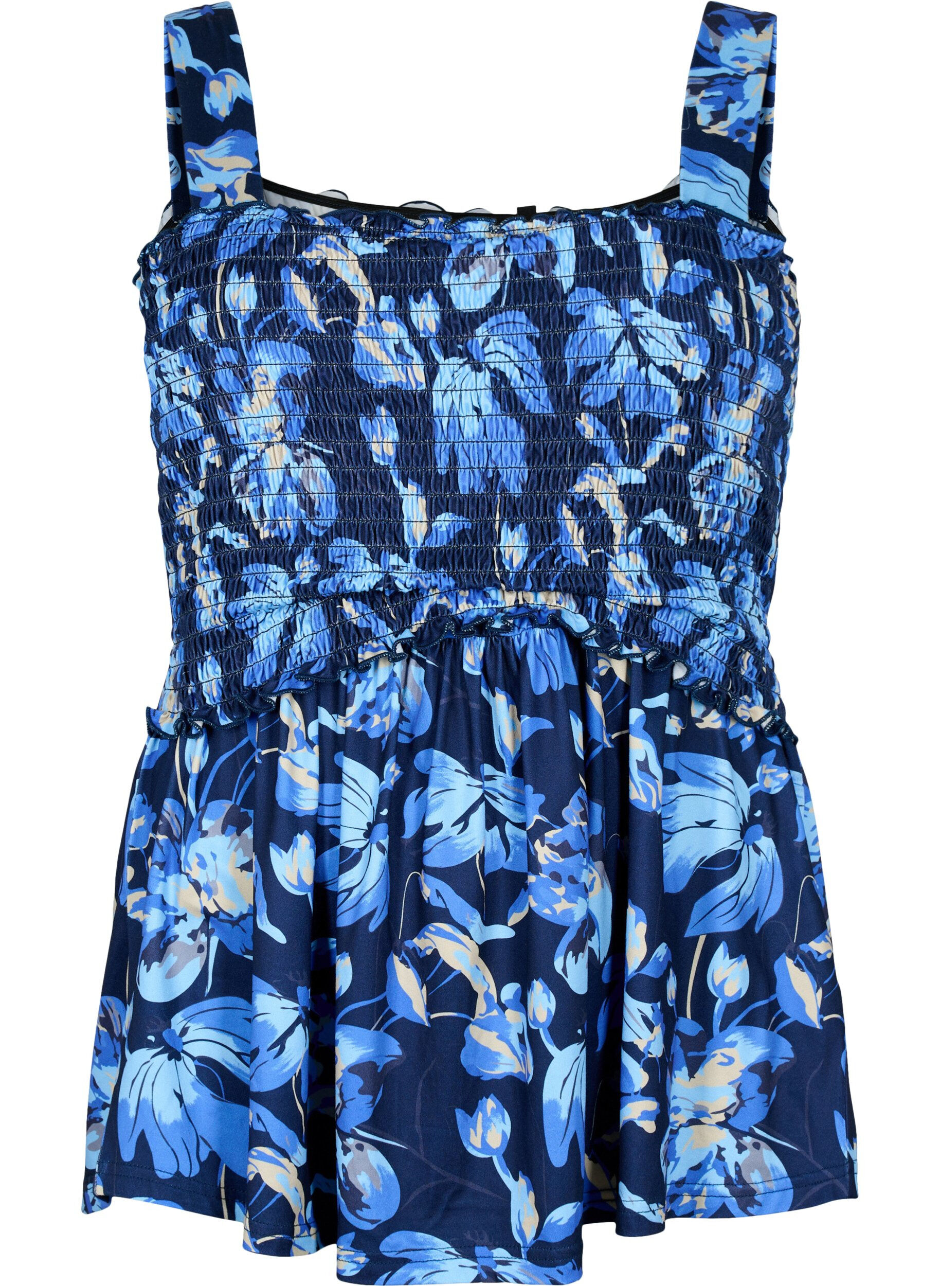 Zizzi Ammevennlig topp med smock, Blue Flower Print, Packshot image number 0
