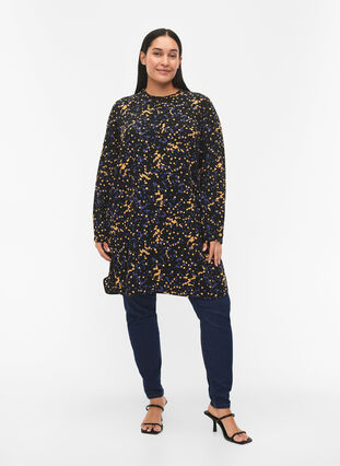 Zizzi Tunika med FLASH-trykk og lange ermer, Black Splash AOP, Model image number 2