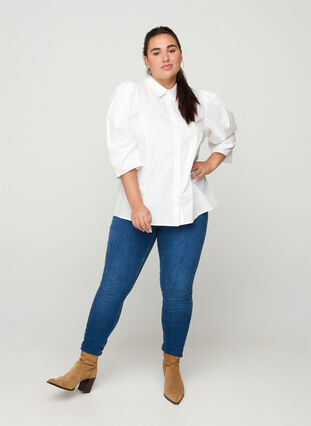 Bomullsskjorte med 3/4-puffermer, Bright White, Model image number 2
