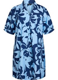 Knelang kjole med trykk og V-hals, Bl&aring;