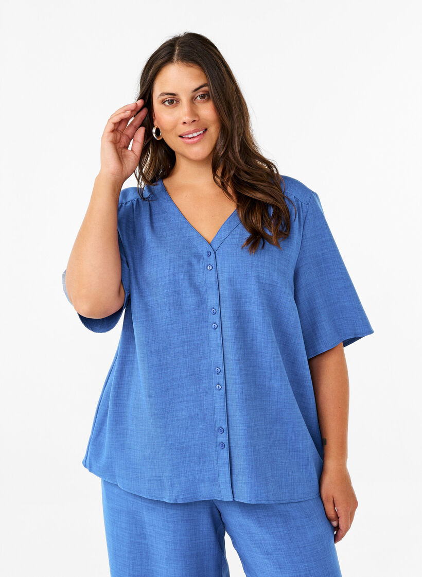 Skjortebluse med V-hals eog korte ermer, Bl&aring;, Model image number 0