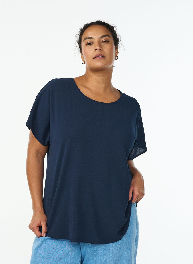Bluse med korte ermer og rund hals, Bl&aring;, Model image number 0