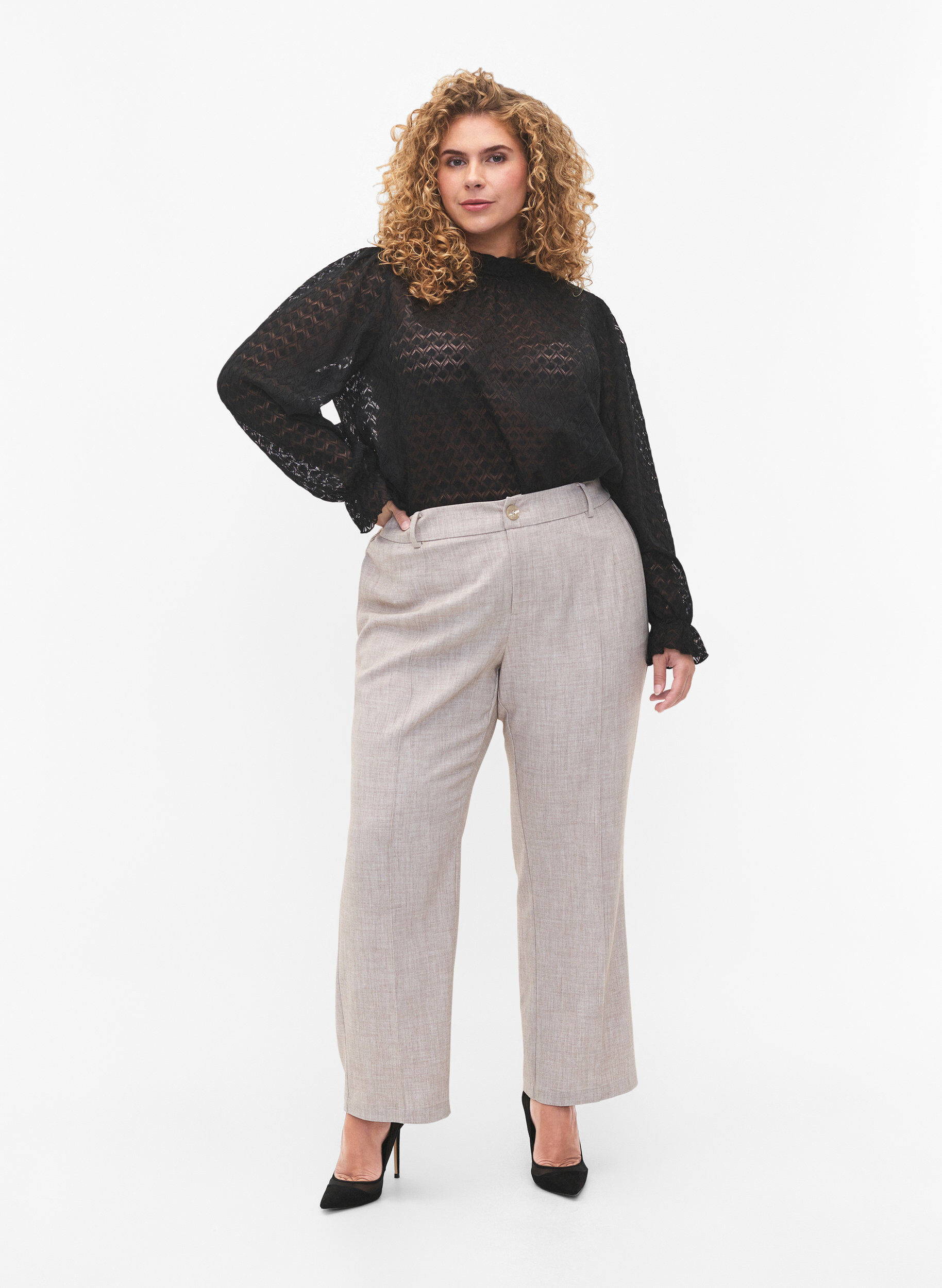 Zizzi Bluse med lange ermer og m&oslash;nstret tekstur, Black, Model image number 2